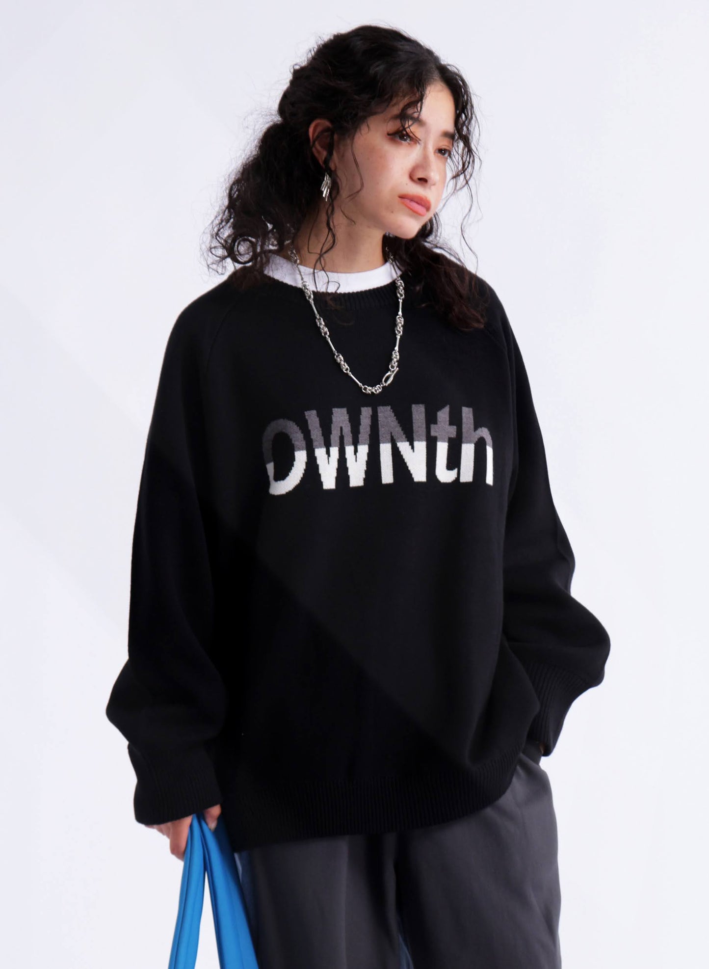 OWNth(オンス) ダブルジャガード”OWNth”ロゴニットプルオーバー きれいめ レディース ブラック 黒