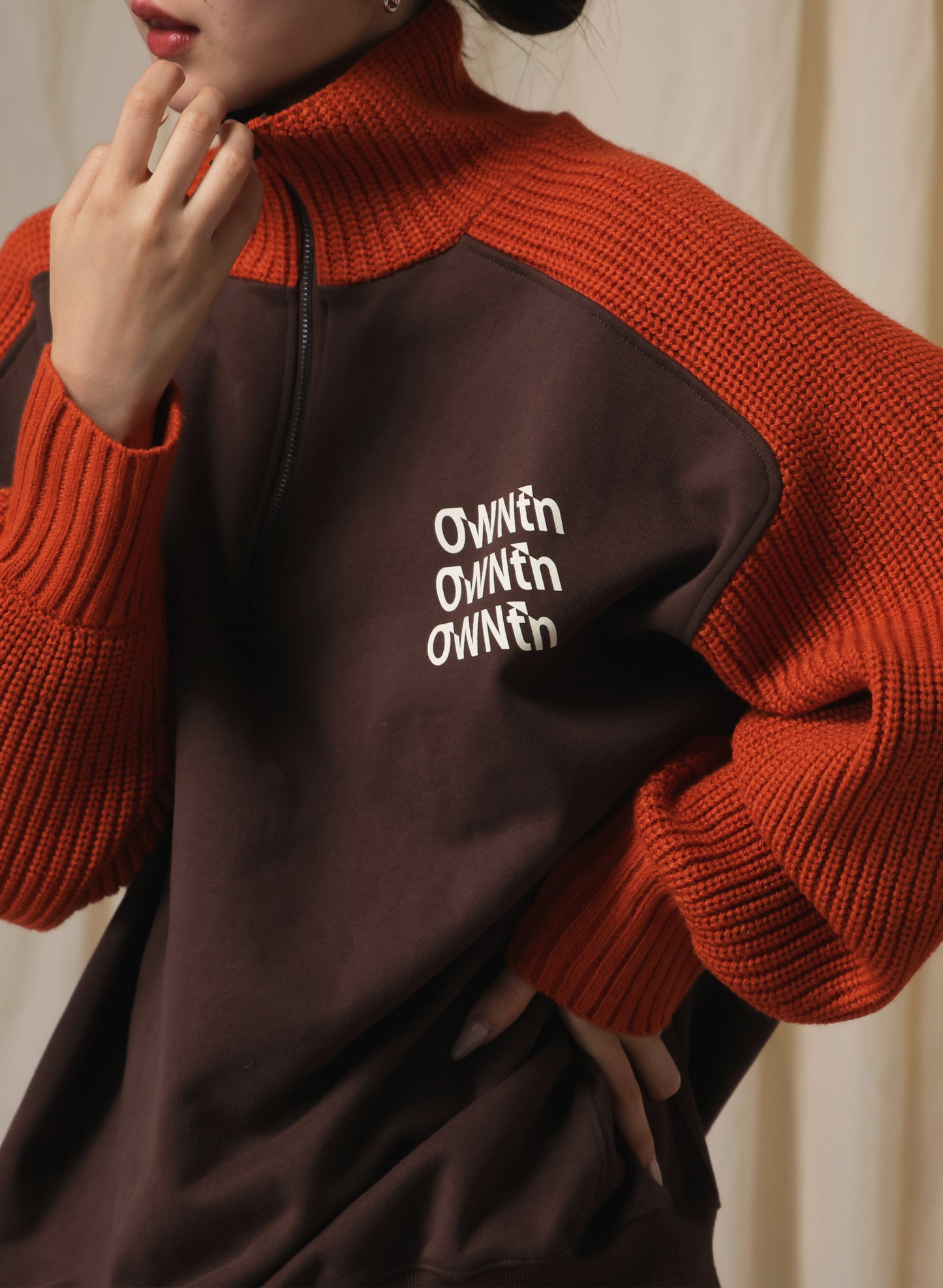 OWNth(オンス) ニット切替ロゴプルオーバー きれいめ ユニセックス ブラウン 茶色