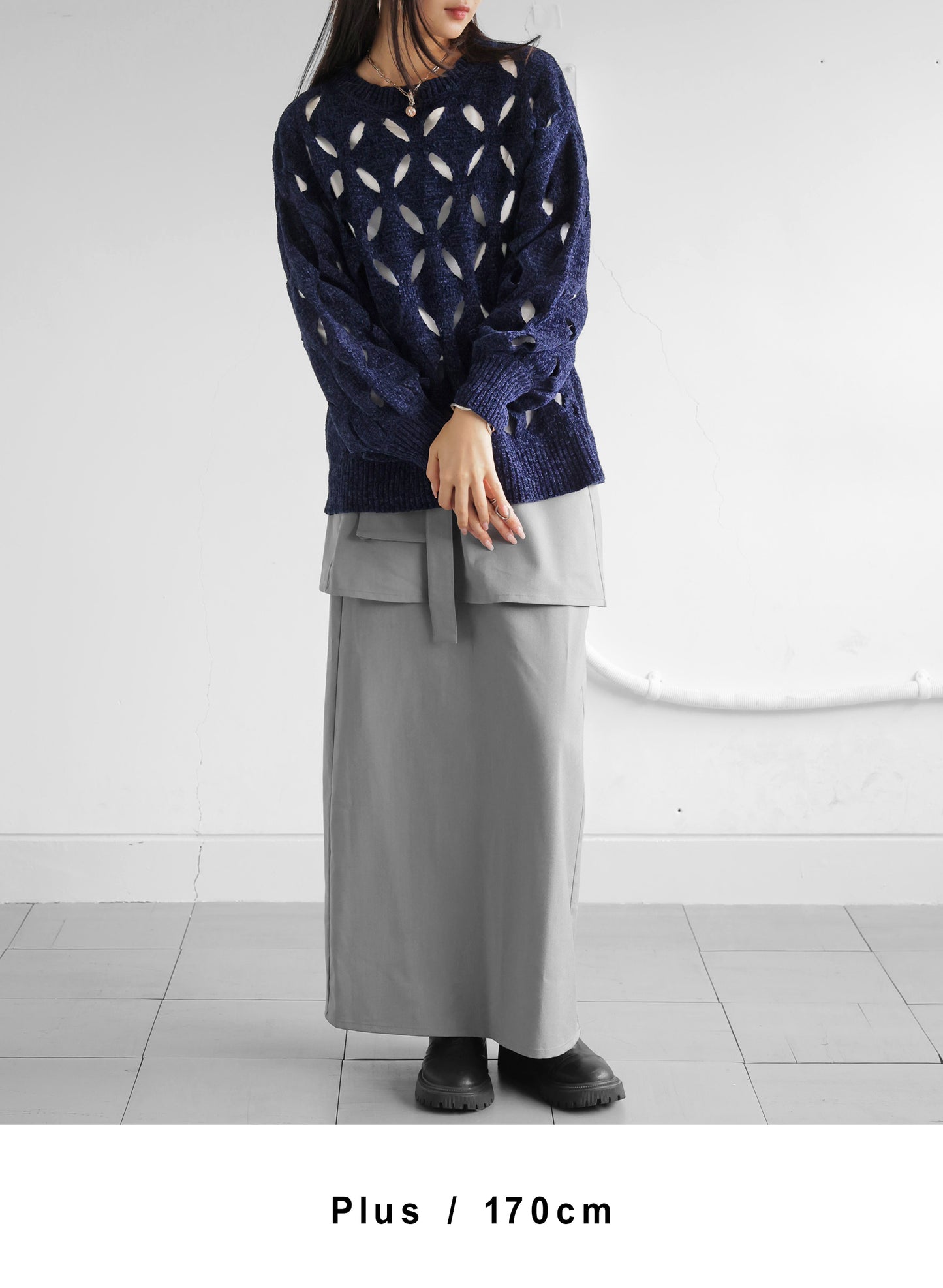 OWNth(オンス) ダイヤ柄カットアウトクルーネックニットトップス きれいめ レディース ネイビー 紺