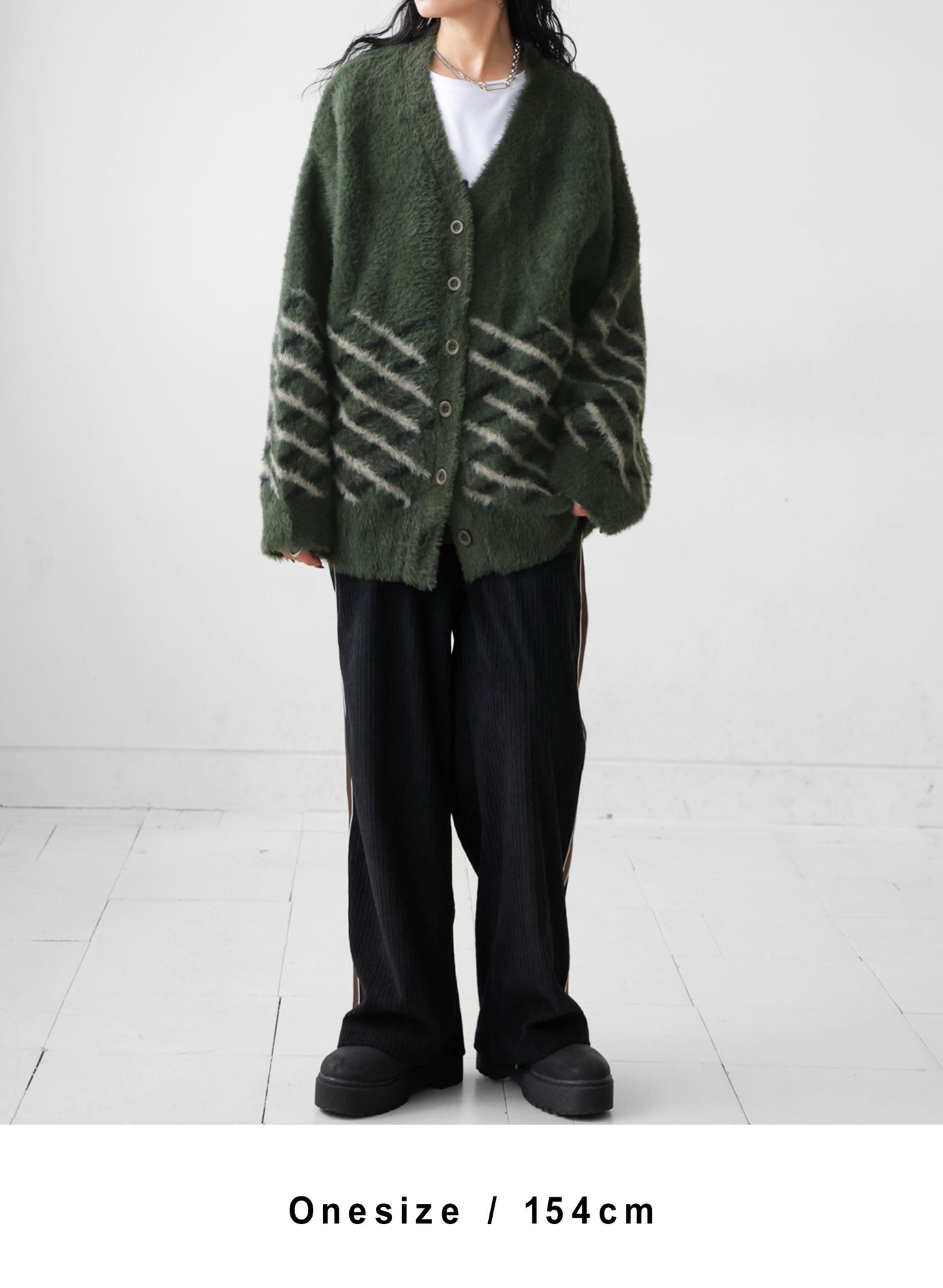 ダイヤチェックシャギーニットカーディガン カーキ