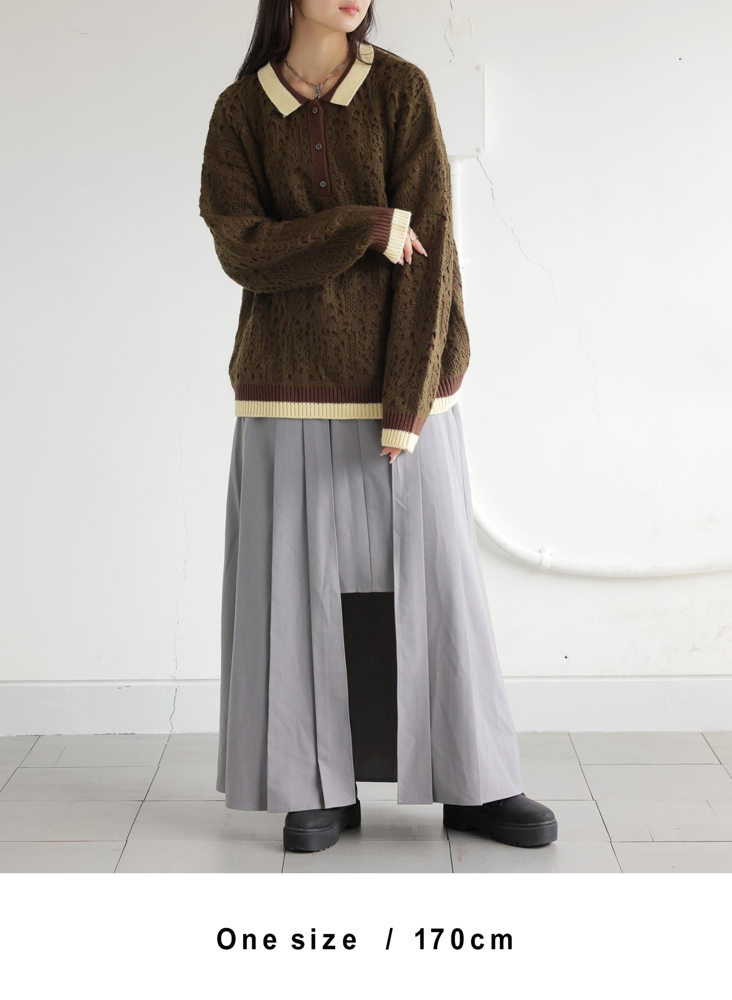 OWNth(オンス) 透かしレイヤードポロニット きれいめ ユニセックス カーキブラウン