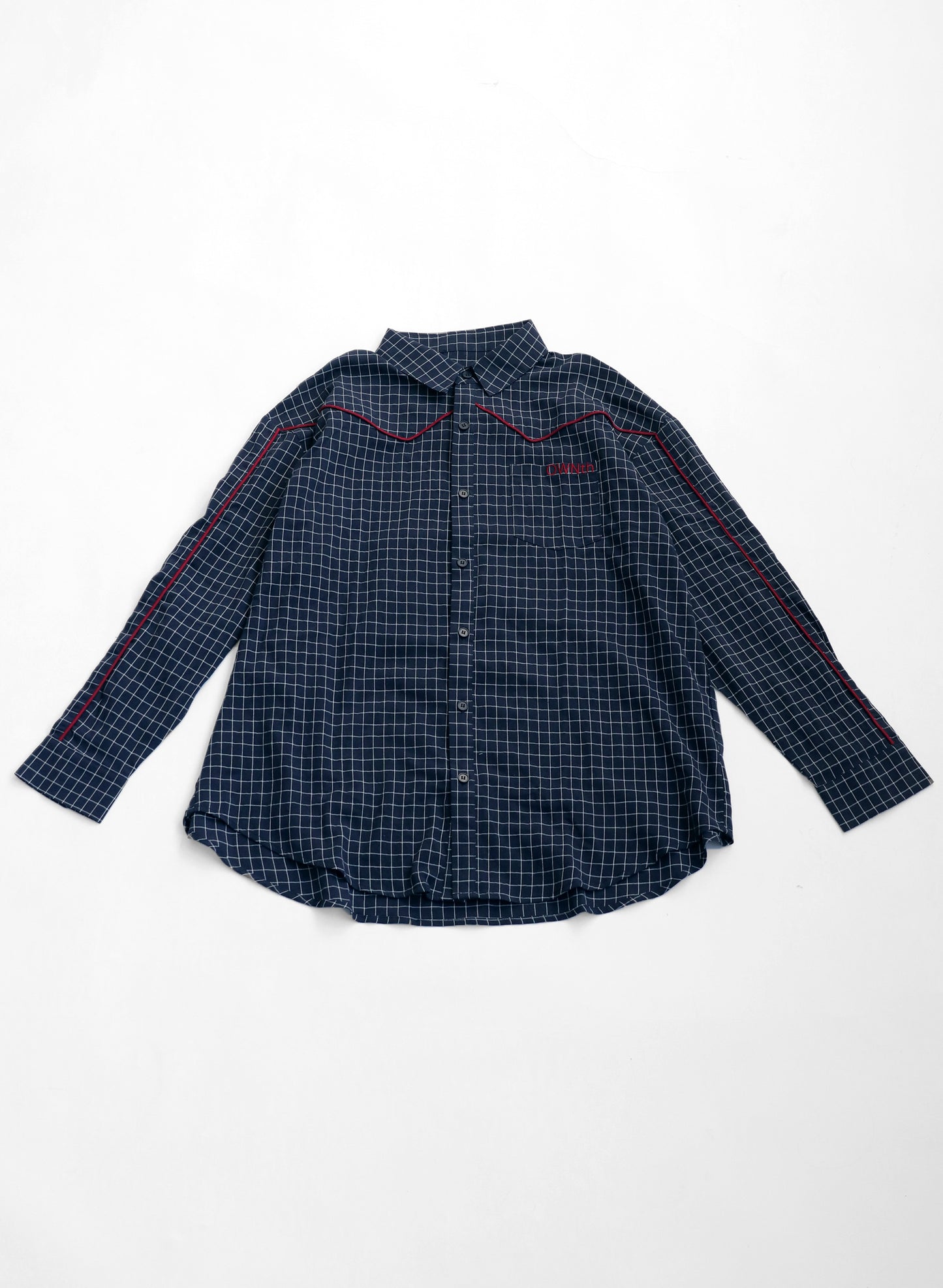 OWNth(オンス) パイピングデザインチェック柄シャツ きれいめ レディース ネイビー 紺