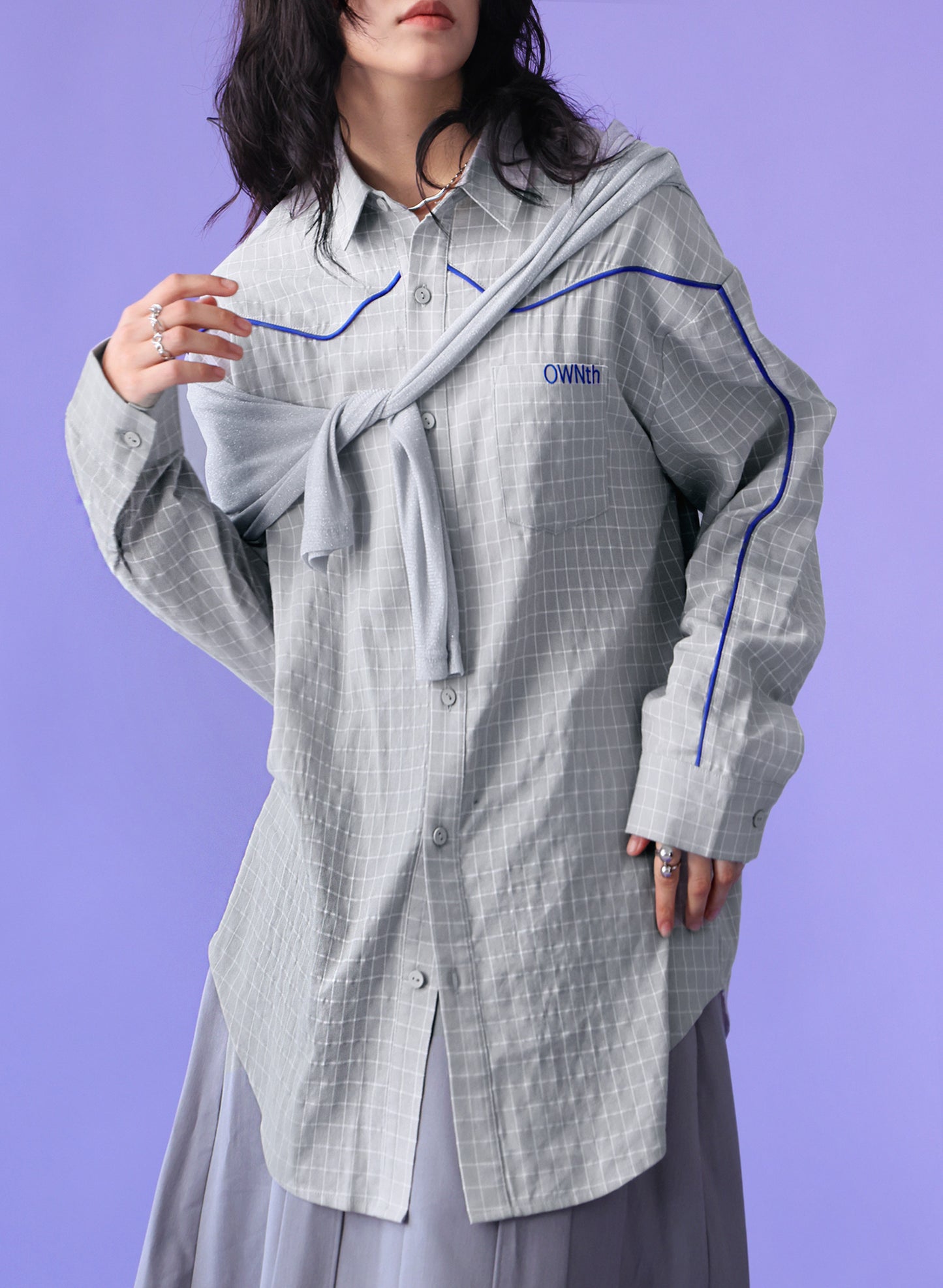 OWNth(オンス) パイピングデザインチェック柄シャツ きれいめ レディース グレー