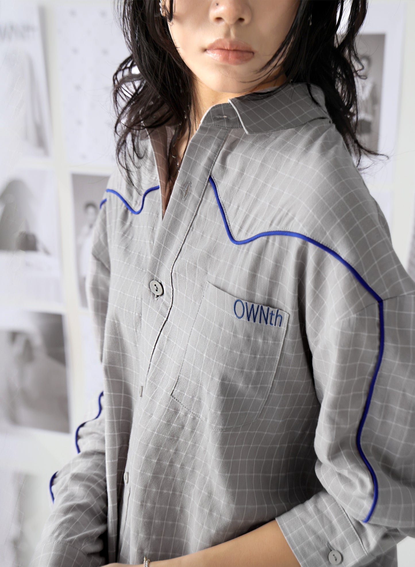 OWNth(オンス) パイピングデザインチェック柄シャツ きれいめ レディース グレー