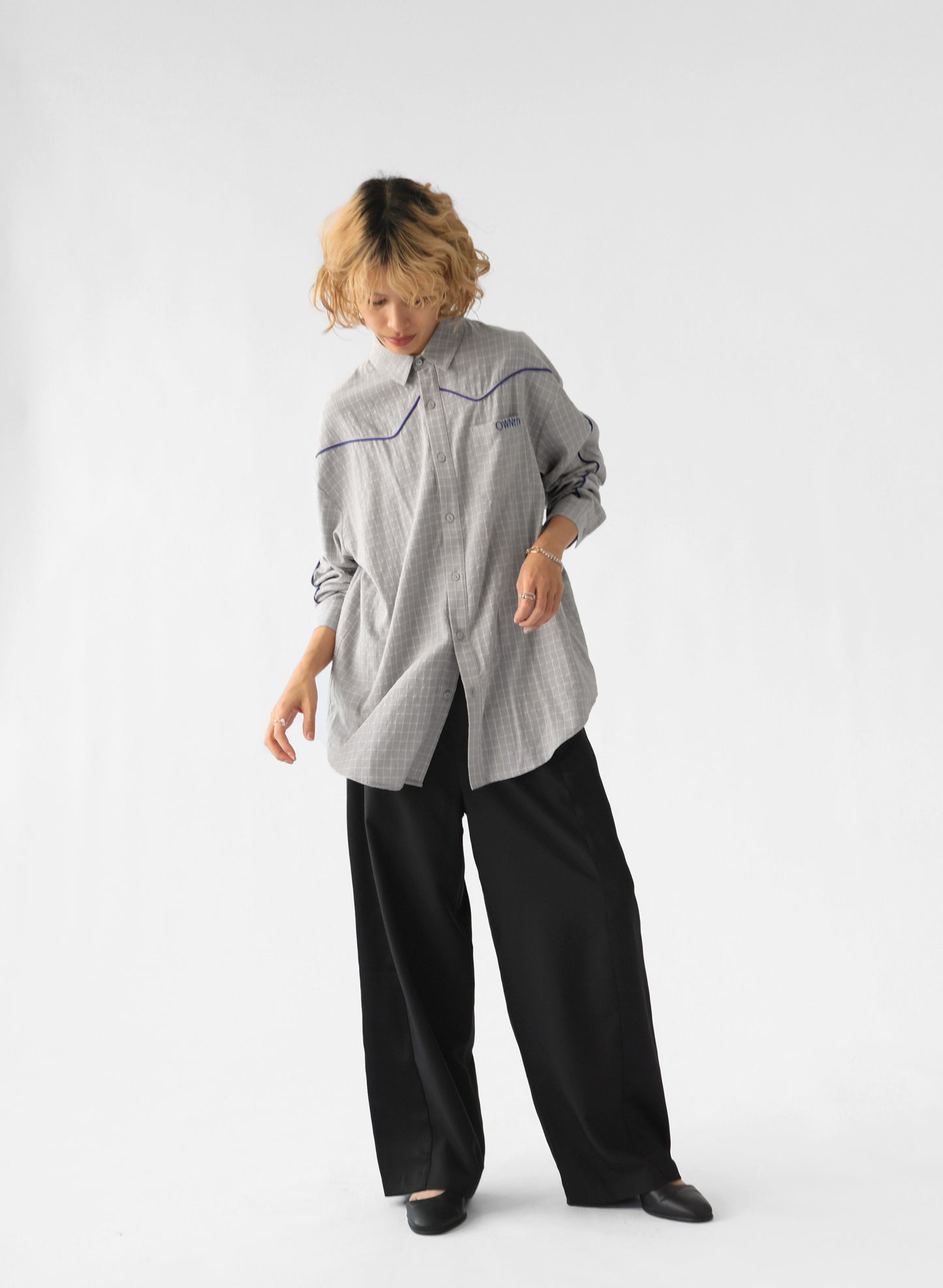 OWNth(オンス) パイピングデザインチェック柄シャツ きれいめ レディース グレー