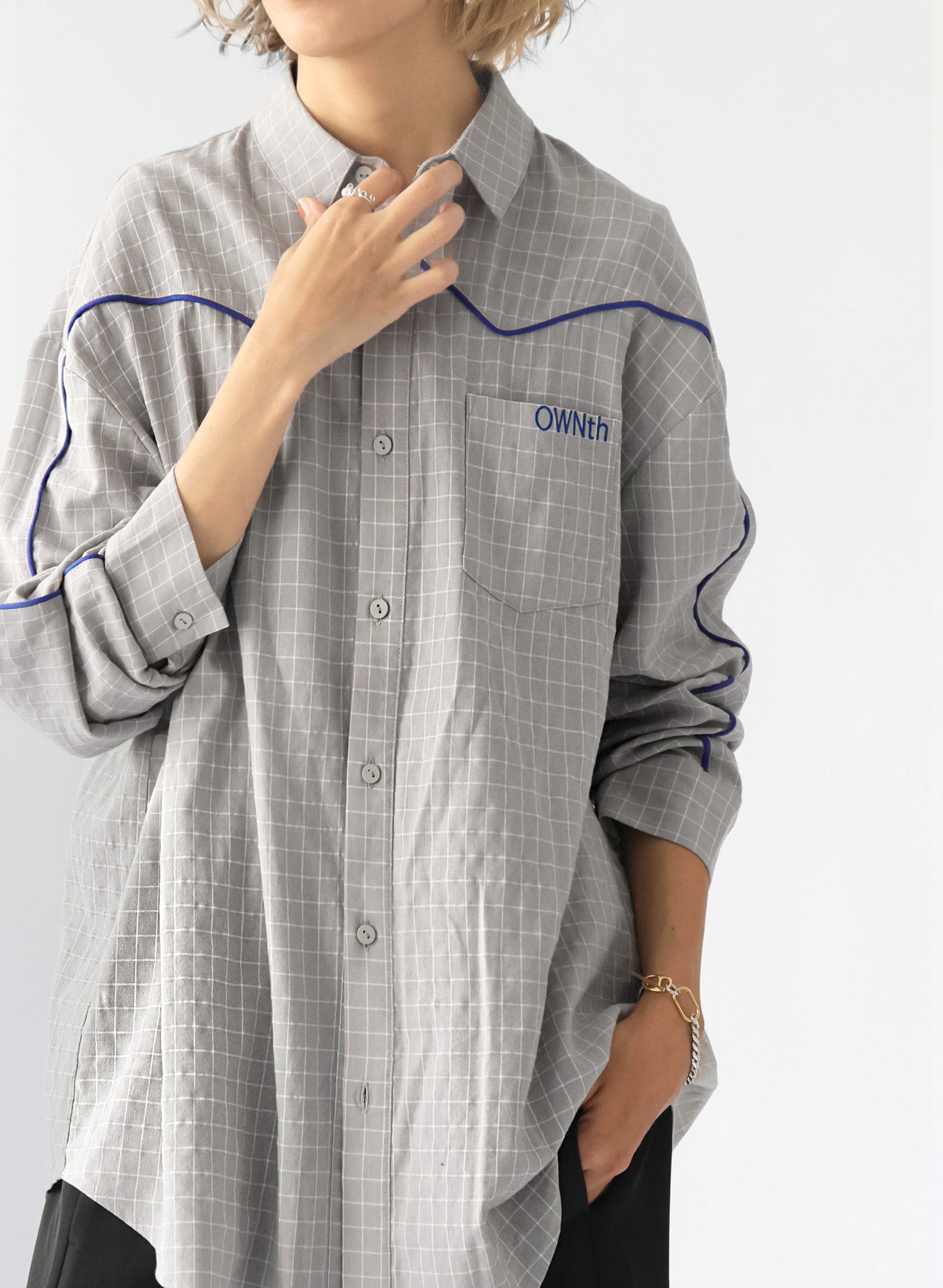 OWNth(オンス) パイピングデザインチェック柄シャツ きれいめ レディース グレー