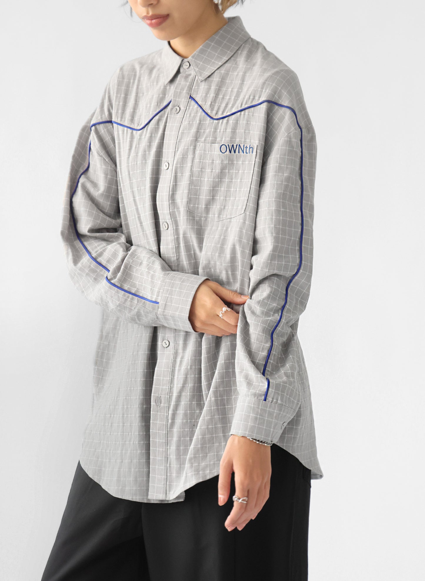OWNth(オンス) パイピングデザインチェック柄シャツ きれいめ レディース グレー