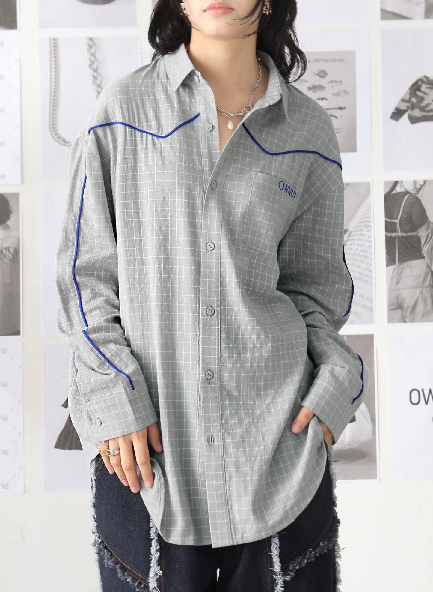 OWNth(オンス) パイピングデザインチェック柄シャツ きれいめ レディース グレー