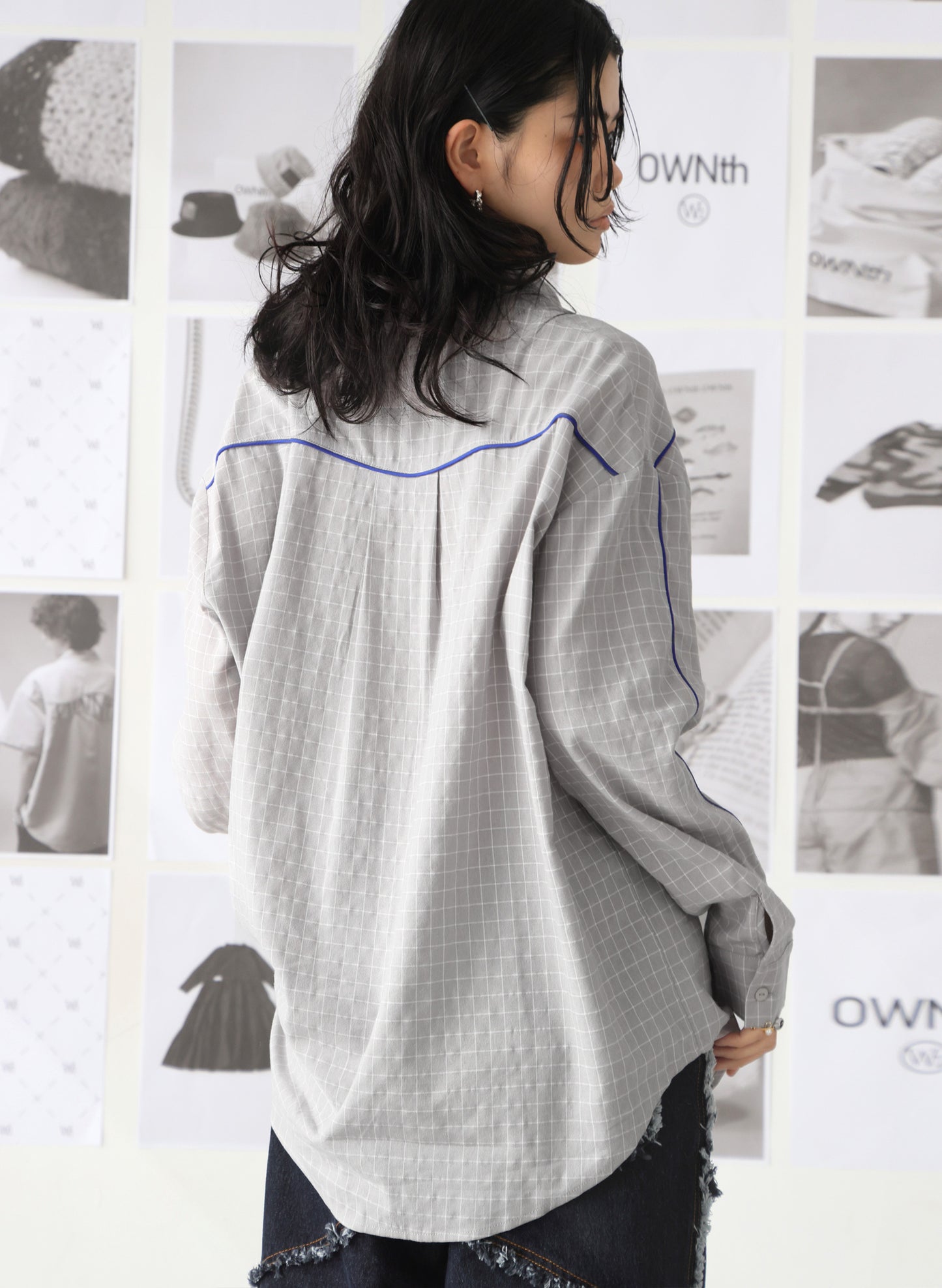 OWNth(オンス) パイピングデザインチェック柄シャツ きれいめ レディース グレー