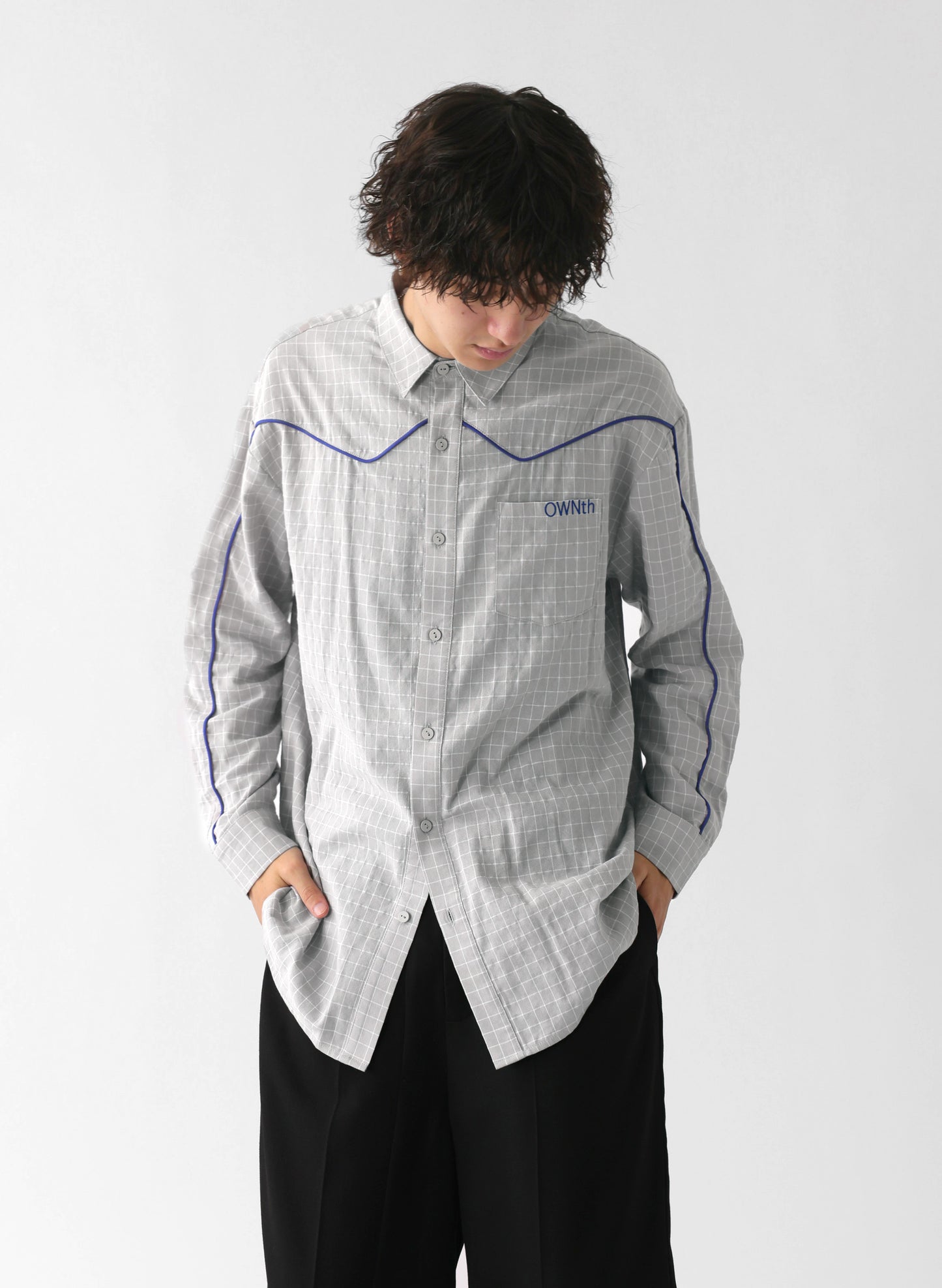 OWNth(オンス) パイピングデザインチェック柄シャツ きれいめ レディース グレー