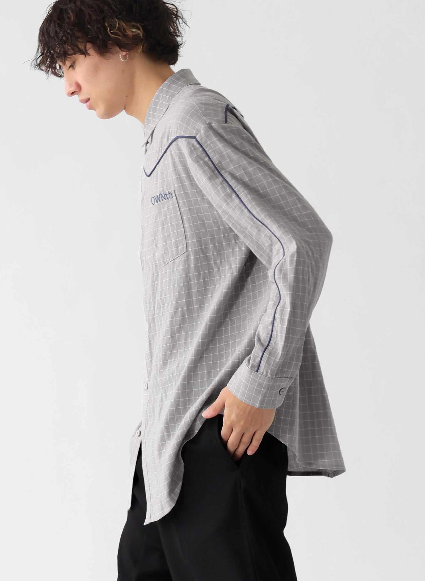 OWNth(オンス) パイピングデザインチェック柄シャツ きれいめ レディース グレー