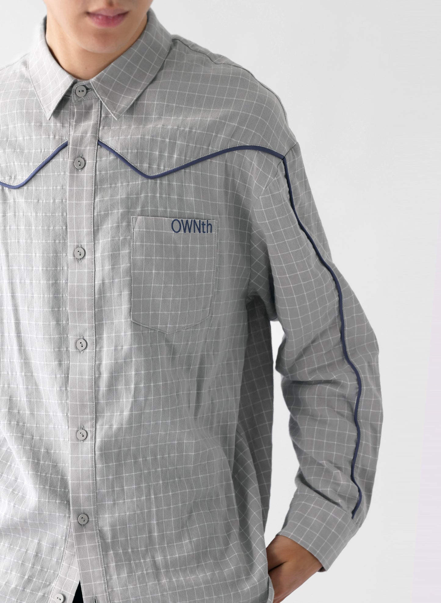 OWNth(オンス) パイピングデザインチェック柄シャツ きれいめ レディース グレー
