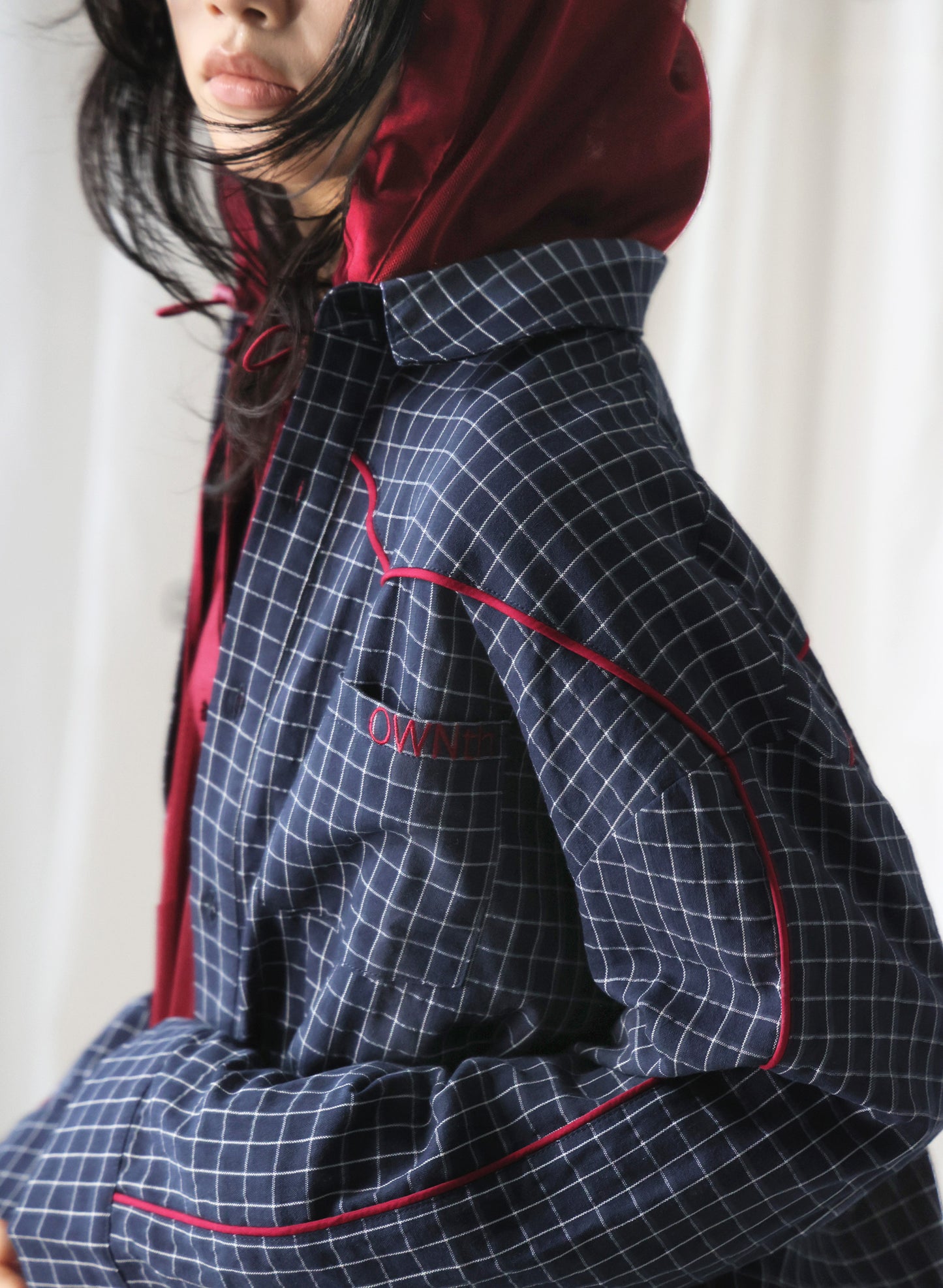 パイピングデザインウィンドウペーンチェック柄シャツ