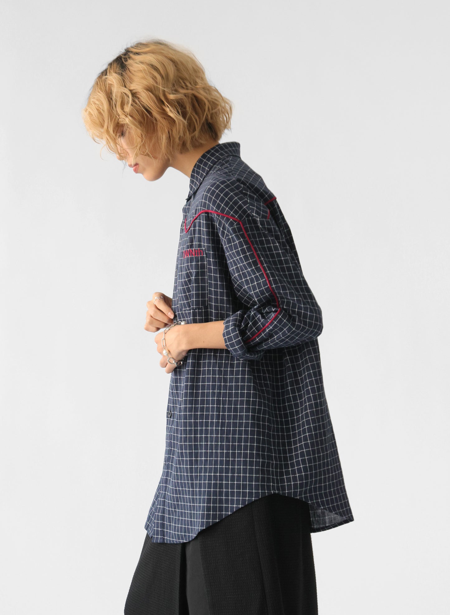 OWNth(オンス) パイピングデザインチェック柄シャツ きれいめ レディース ネイビー 紺