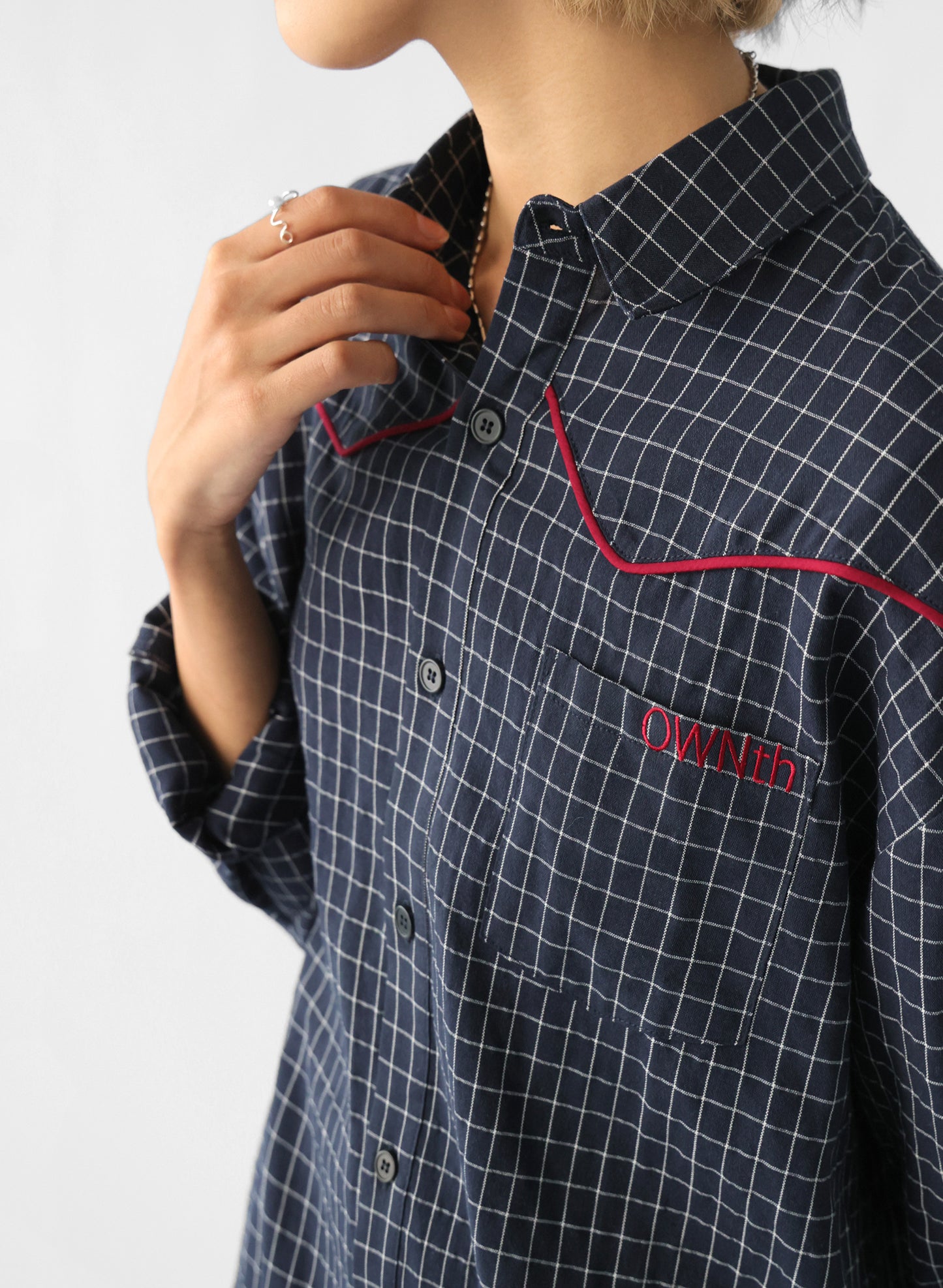 OWNth(オンス) パイピングデザインチェック柄シャツ きれいめ レディース ネイビー 紺