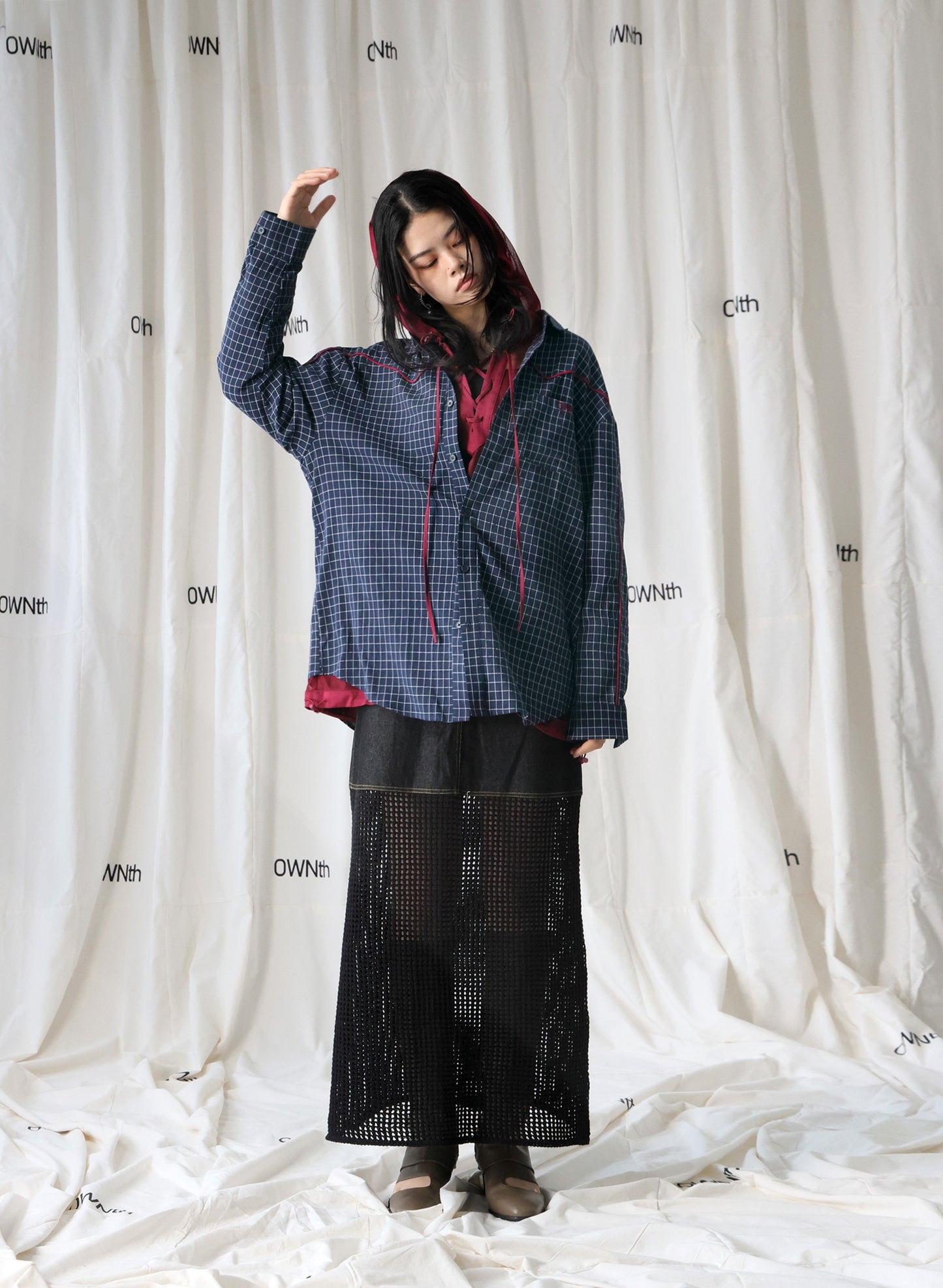 OWNth(オンス) パイピングデザインチェック柄シャツ きれいめ レディース ネイビー 紺