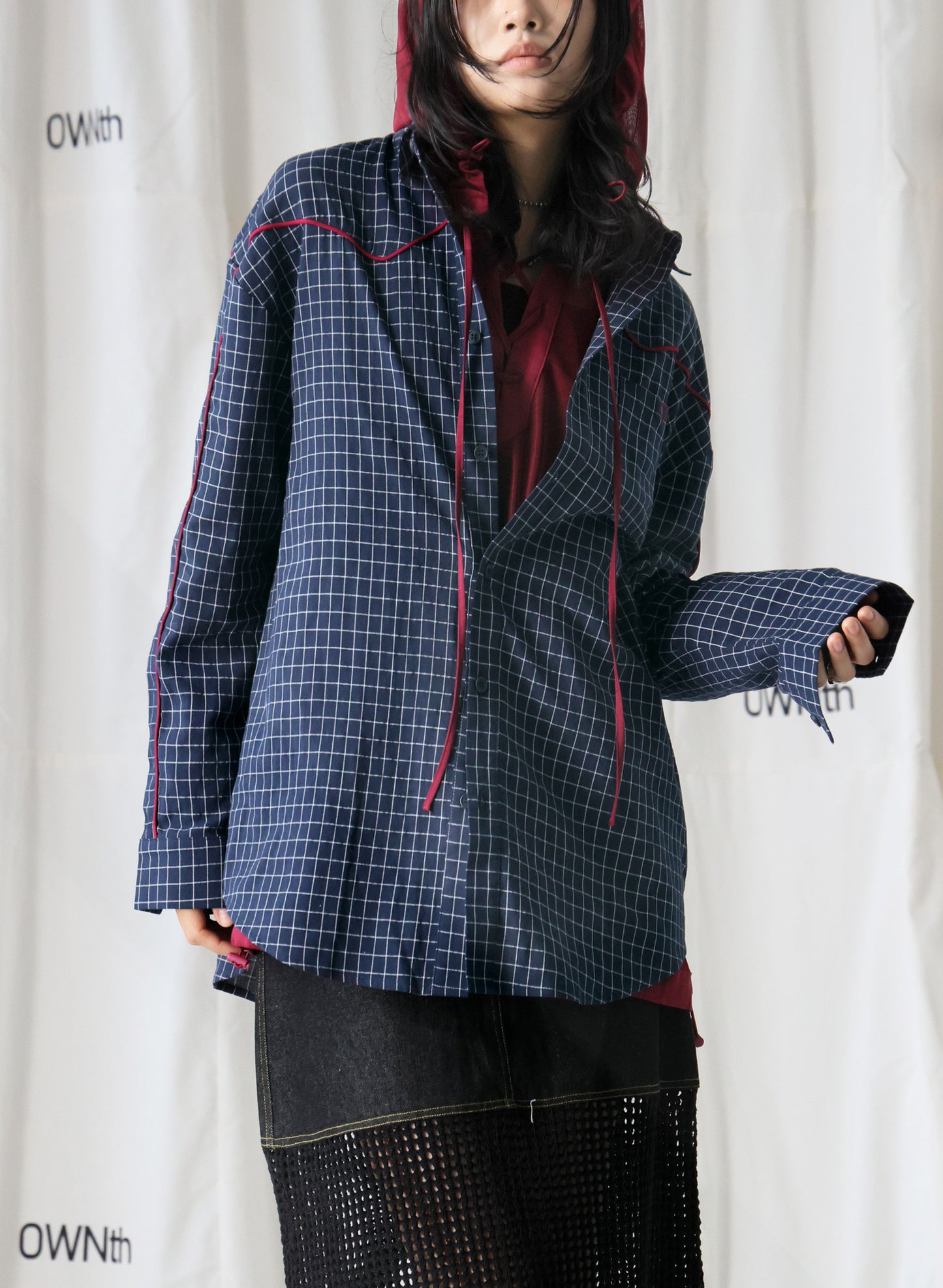 OWNth(オンス) パイピングデザインチェック柄シャツ きれいめ レディース ネイビー 紺