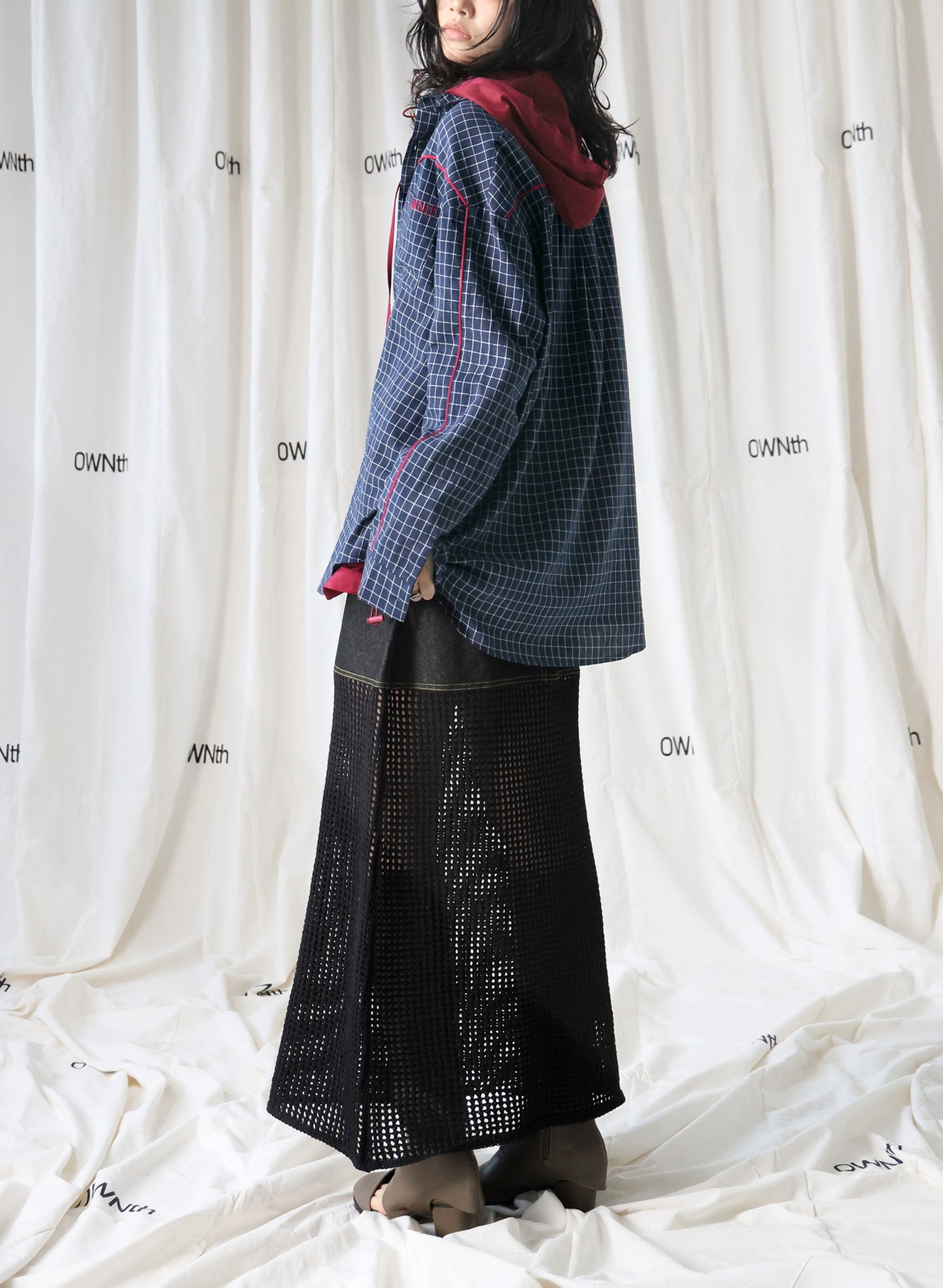 OWNth(オンス) パイピングデザインチェック柄シャツ きれいめ レディース ネイビー 紺