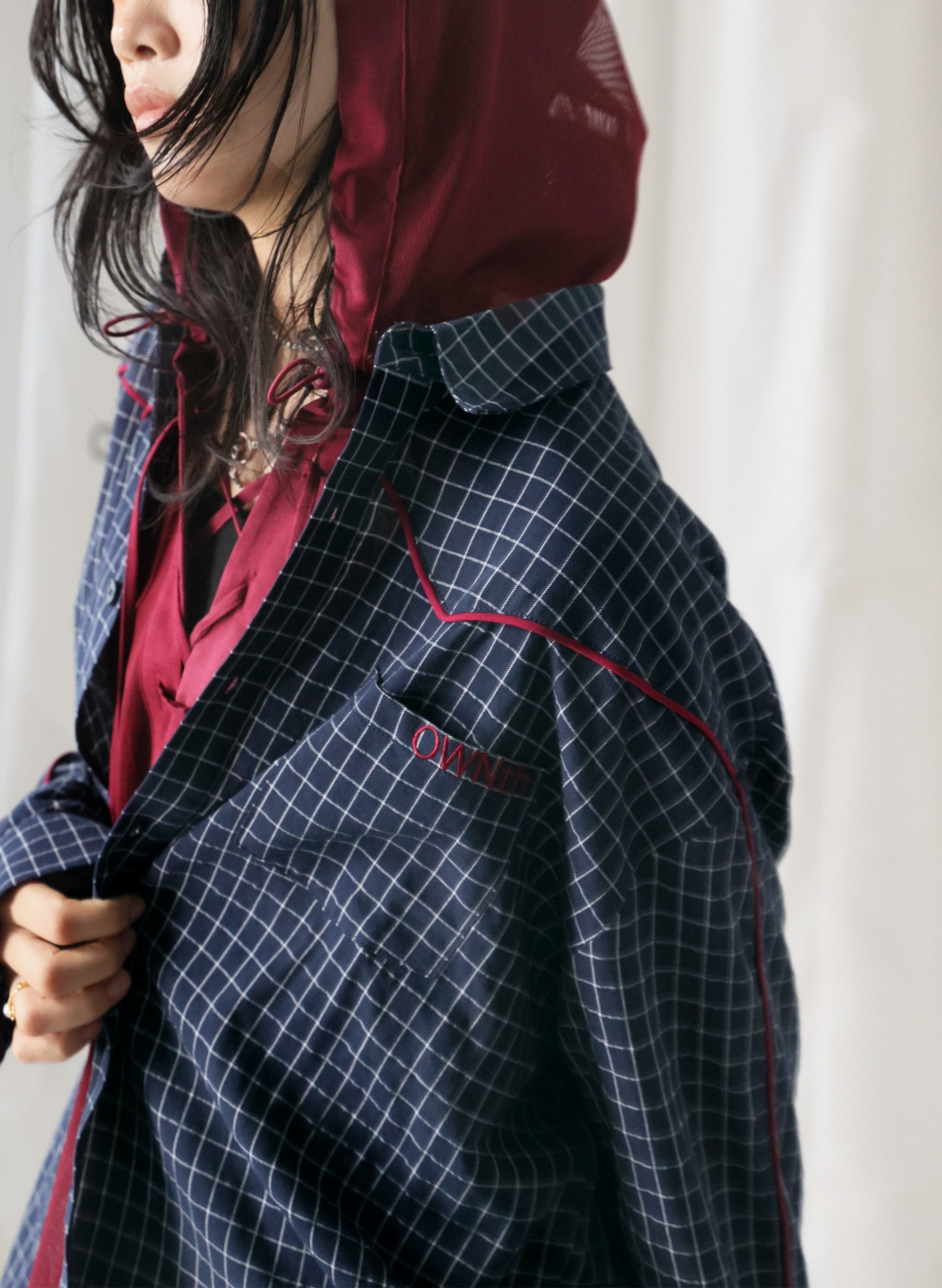 OWNth(オンス) パイピングデザインチェック柄シャツ きれいめ レディース ネイビー 紺
