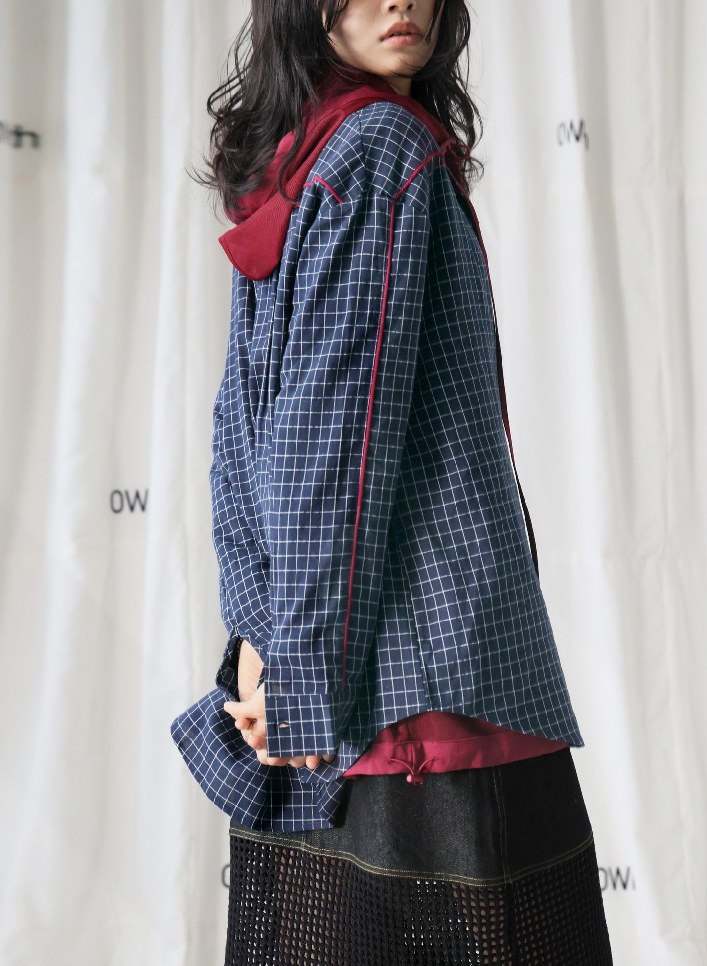 OWNth(オンス) パイピングデザインチェック柄シャツ きれいめ レディース ネイビー 紺