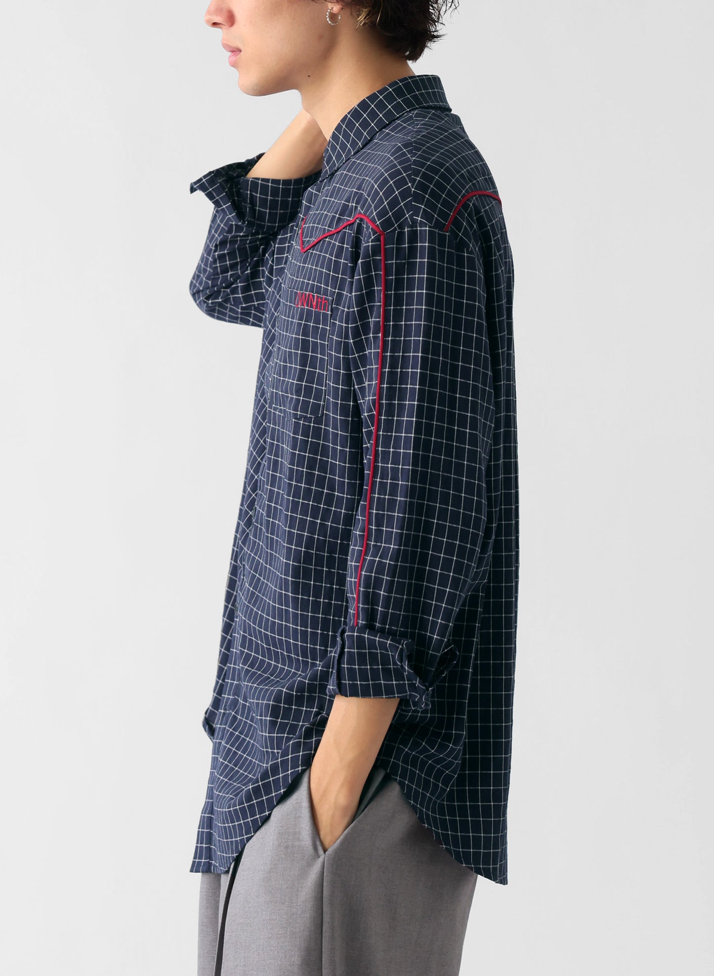 OWNth(オンス) パイピングデザインチェック柄シャツ きれいめ レディース ネイビー 紺