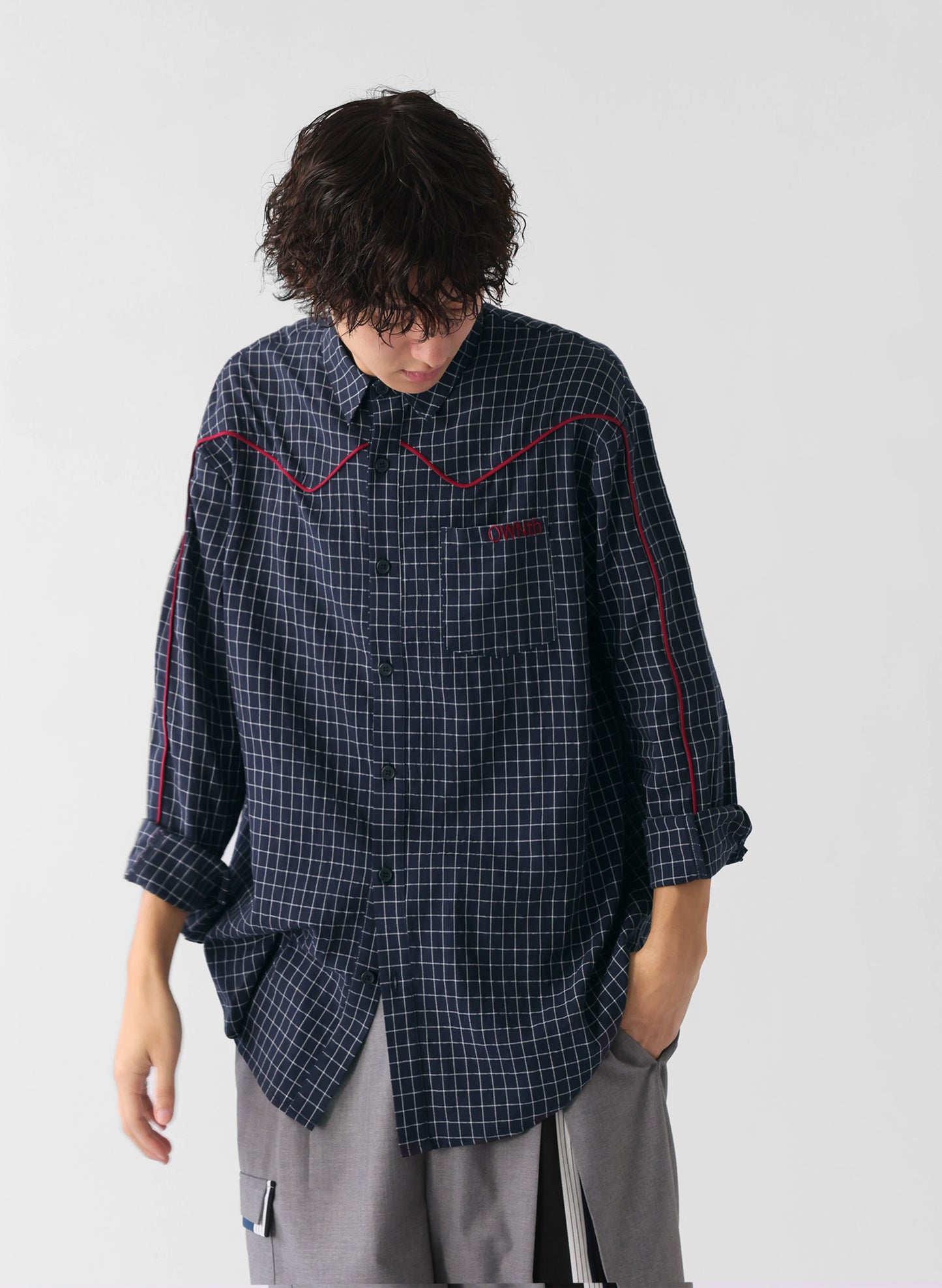 OWNth(オンス) パイピングデザインチェック柄シャツ きれいめ レディース ネイビー 紺