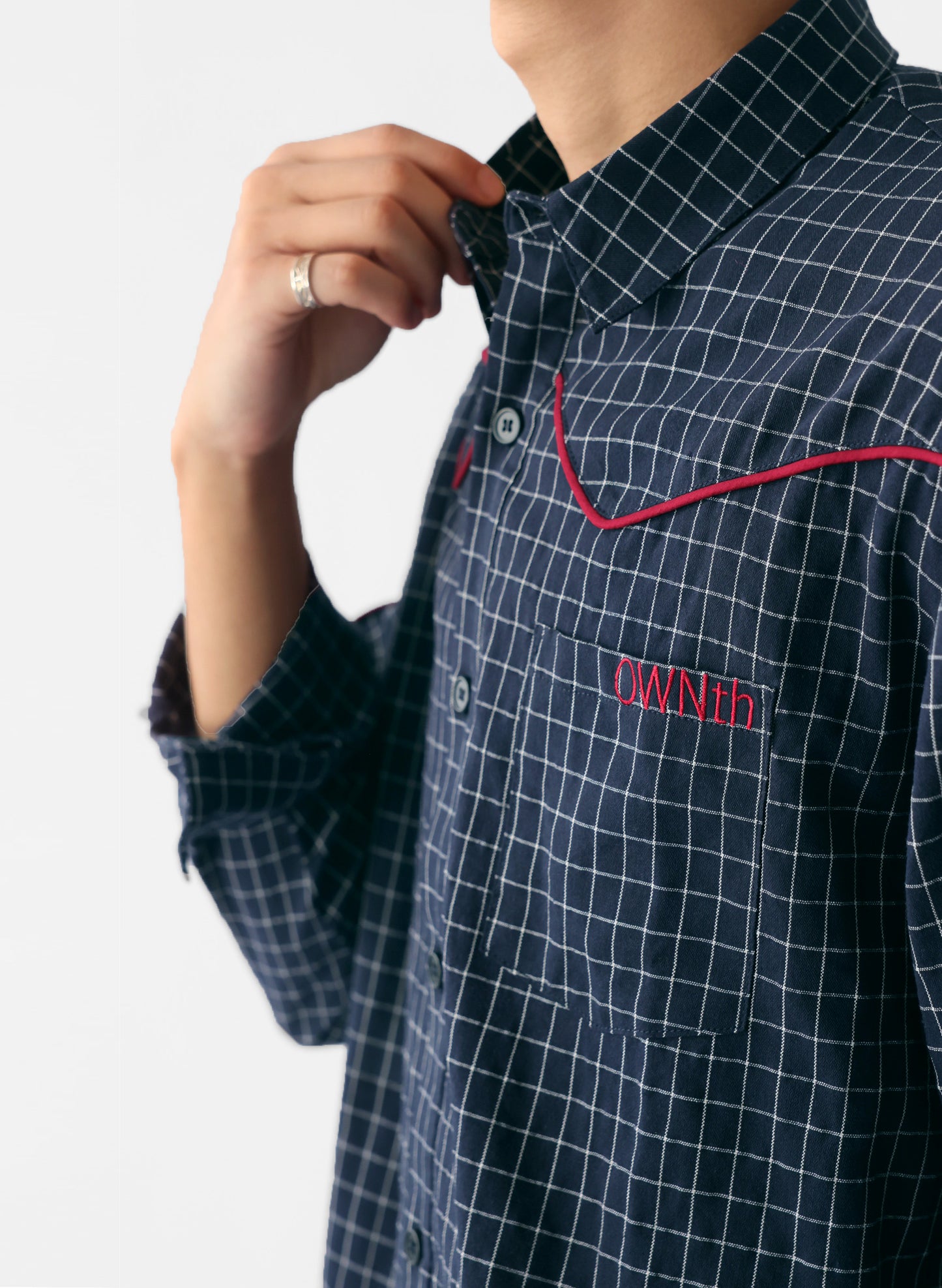 OWNth(オンス) パイピングデザインチェック柄シャツ きれいめ レディース ネイビー 紺