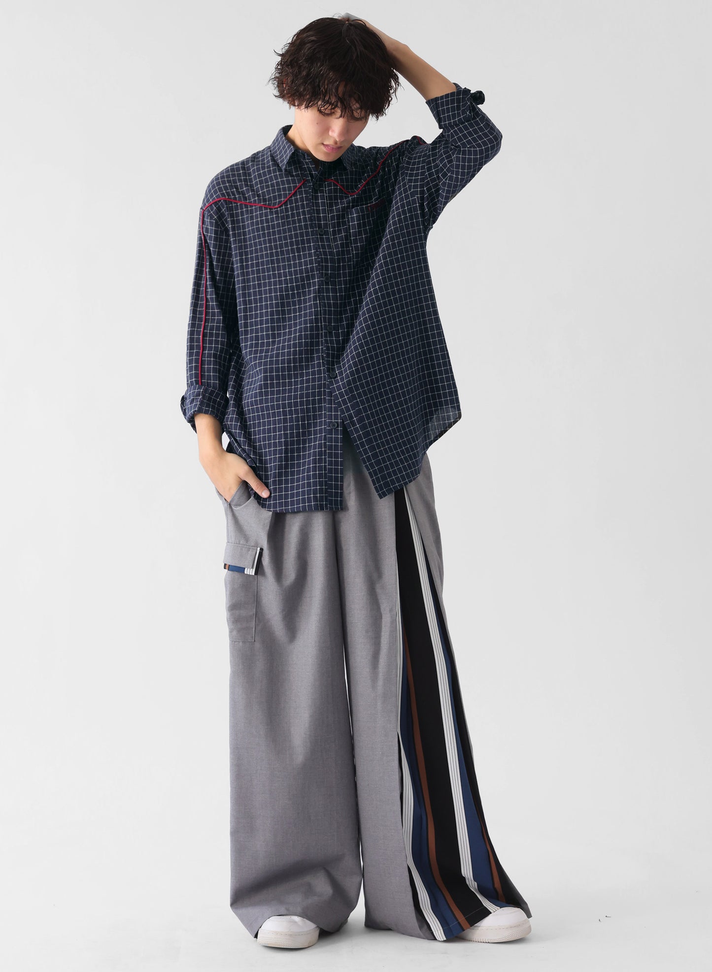 OWNth(オンス) パイピングデザインチェック柄シャツ きれいめ レディース ネイビー 紺