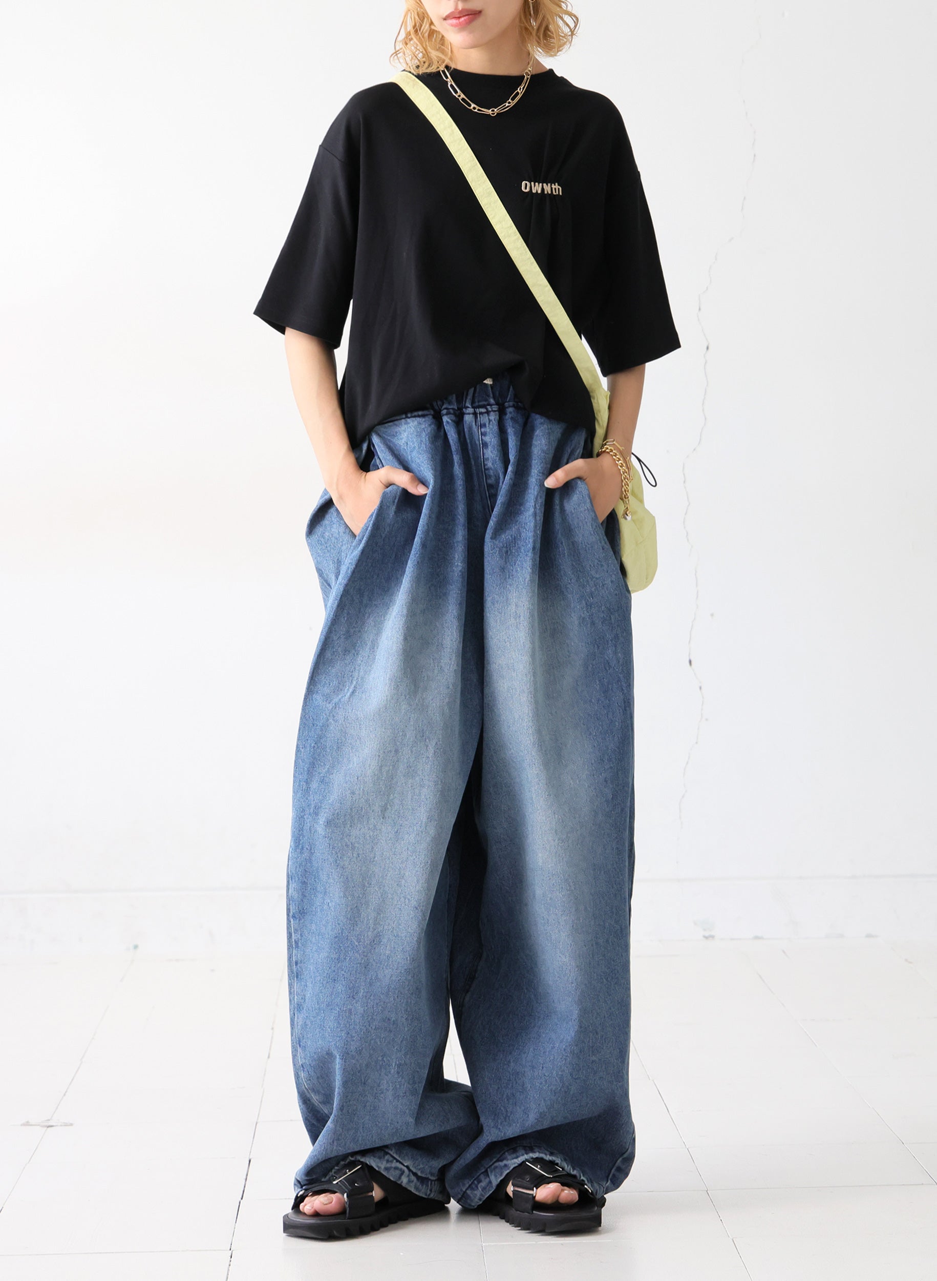 OWNth(オンス) 裾ドロストデザインデニムバルーンパンツ きれいめ ユニセックス ブルー