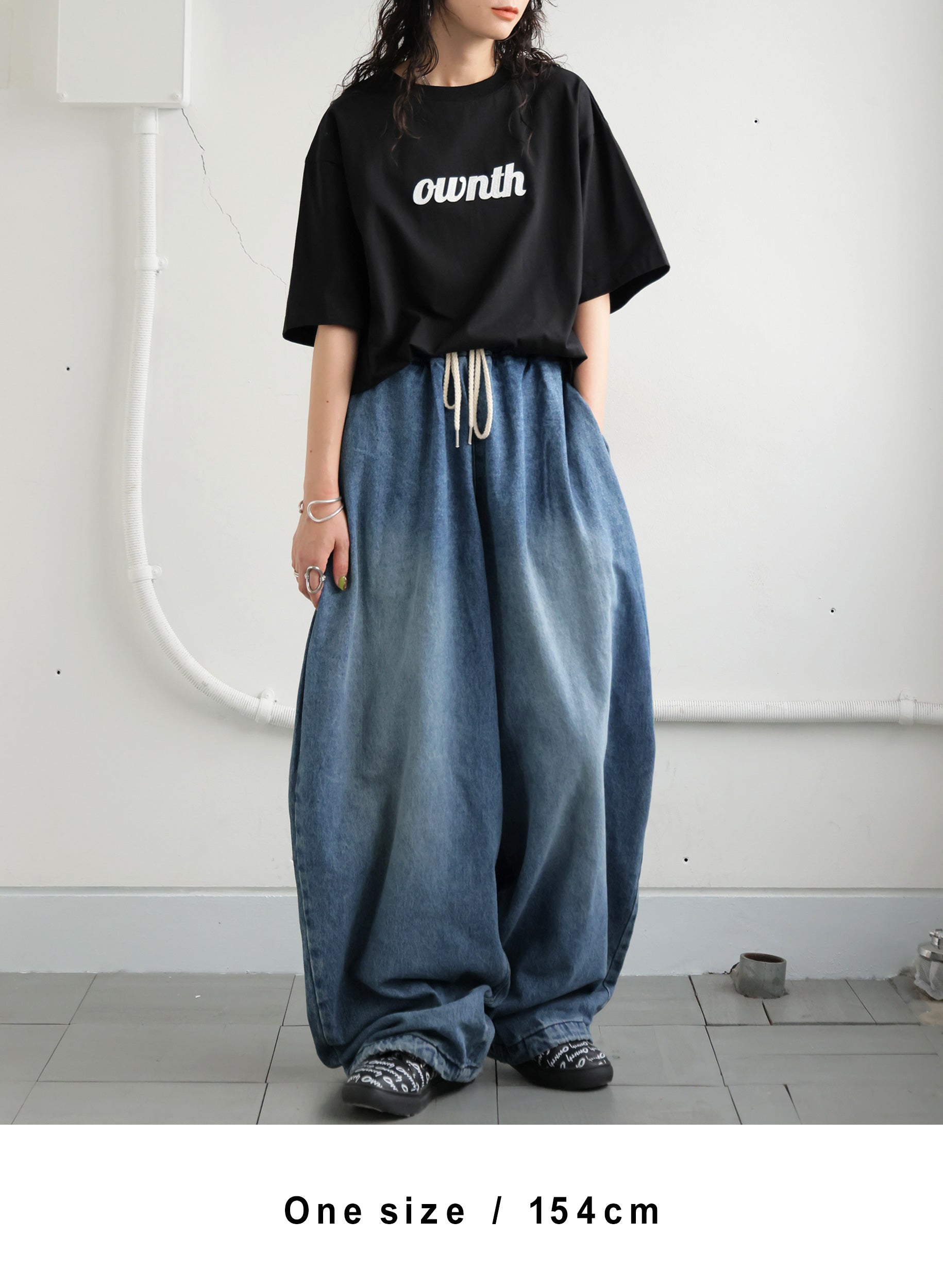 OWNth(オンス) 裾ドロストデザインデニムバルーンパンツ きれいめ ユニセックス ブルー