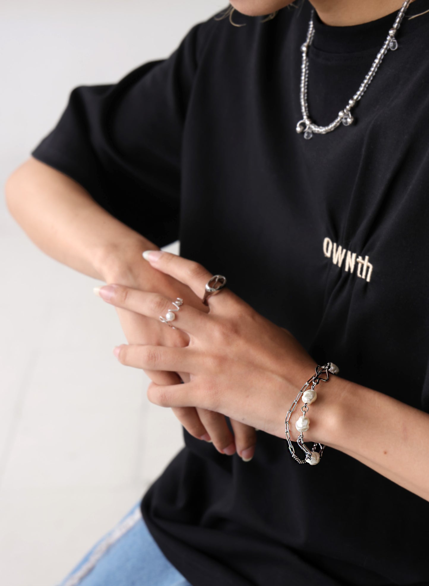 OWNth(オンス) パール×ミックスチェーンデザインブレスレット きれいめ レディース シルバー