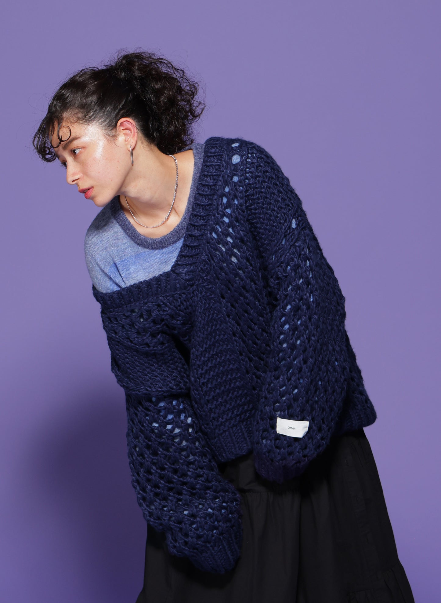 OWNth(オンス) ロービングヤーンメッシュVネックニット きれいめ レディース ネイビー