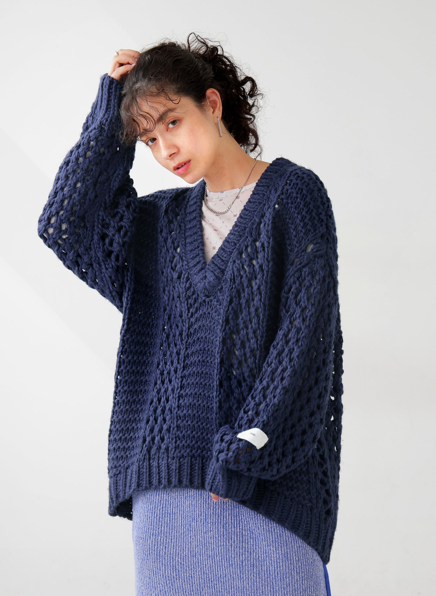 OWNth(オンス) ロービングヤーンメッシュVネックニット きれいめ レディース ネイビー