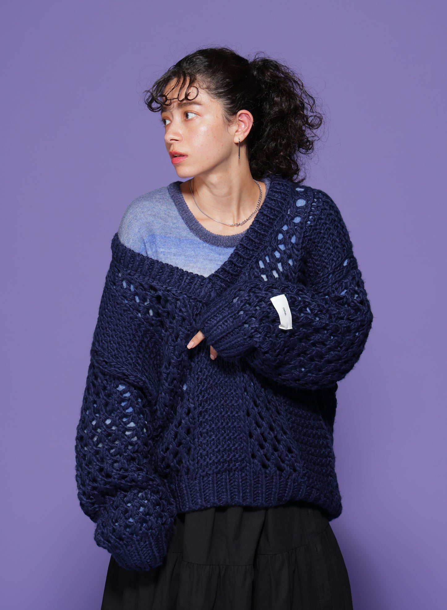 OWNth(オンス) ロービングヤーンメッシュVネックニット きれいめ レディース ネイビー