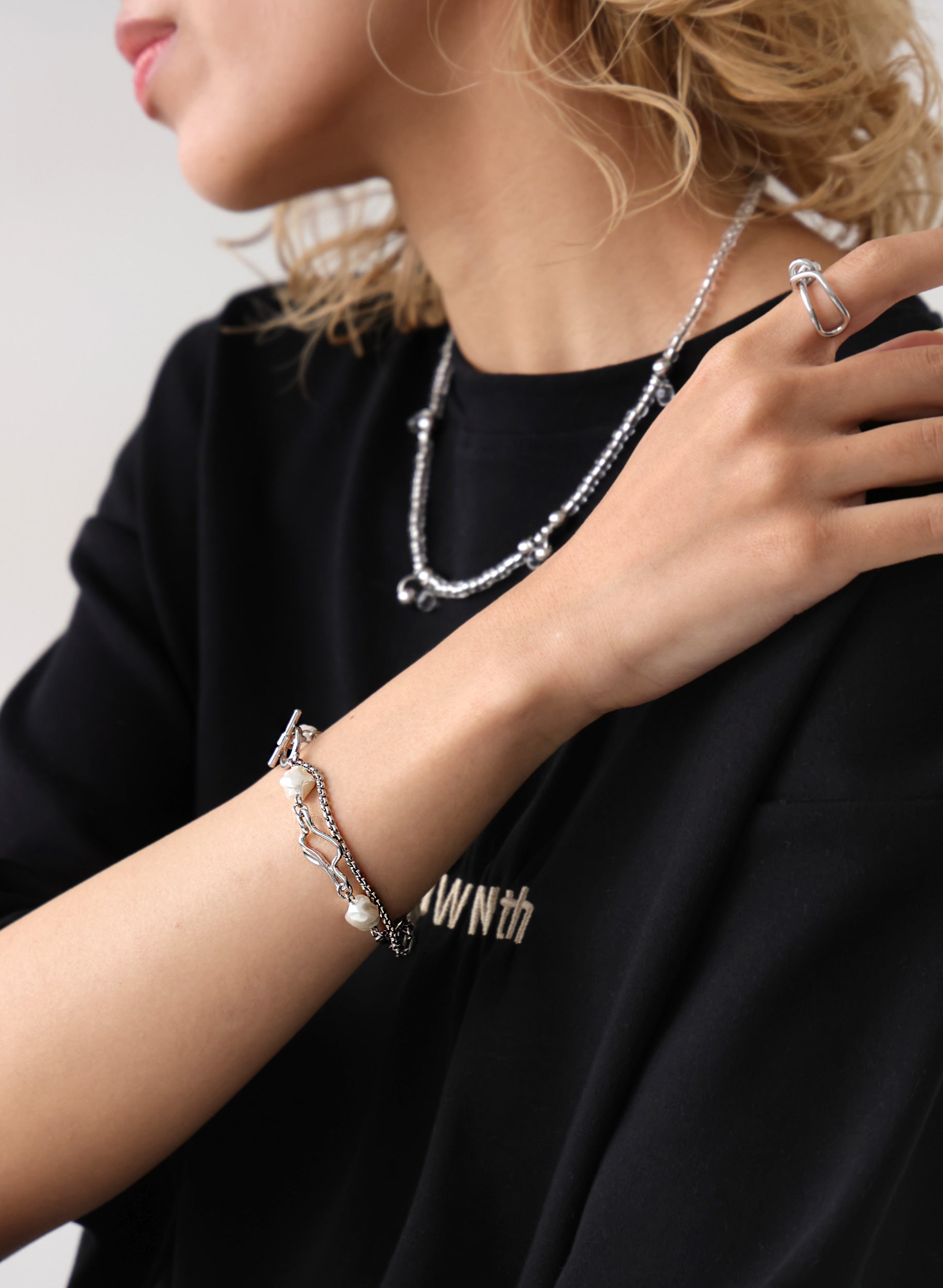 OWNth(オンス) パール×ミックスチェーンデザインブレスレット きれいめ レディース　シルバー

