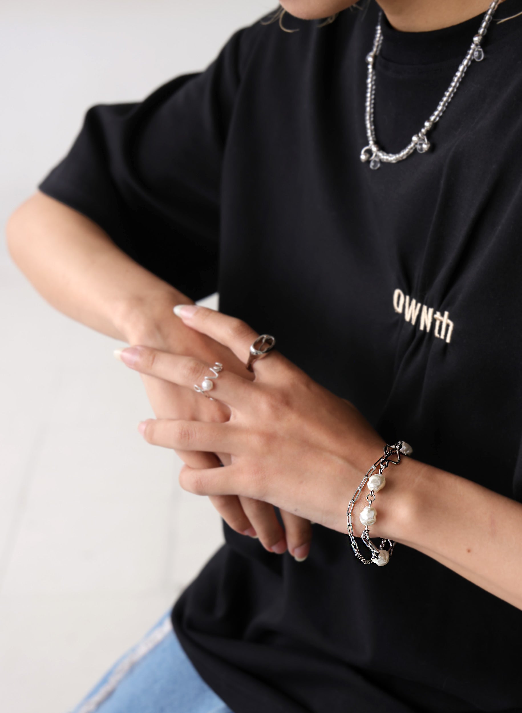 OWNth(オンス) パール×ミックスチェーンデザインブレスレット きれいめ レディース　シルバー
