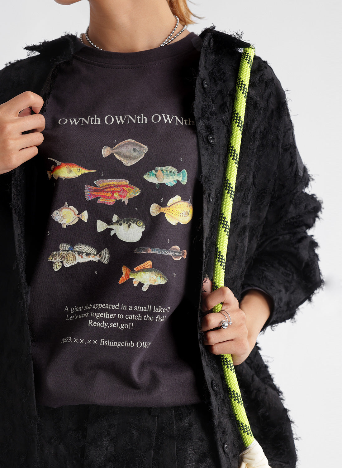 OWNth(オンス) ”fishing club OWNth"クルーネックロングスリーブTシャツ きれいめ レディース　ダークグレー