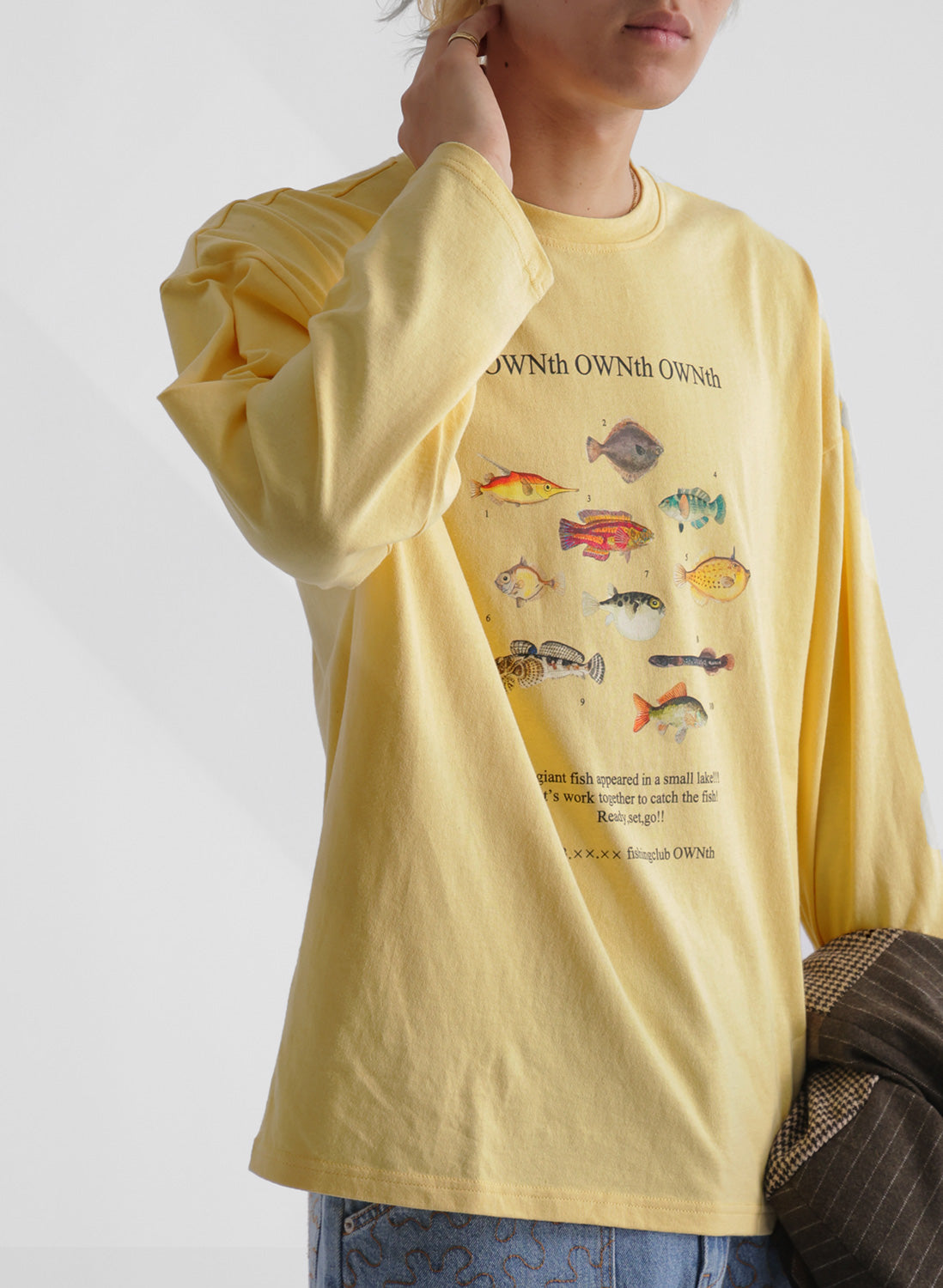 OWNth(オンス) ”fishing club OWNth"クルーネックロングスリーブTシャツ きれいめ レディース　イエロー　黄色