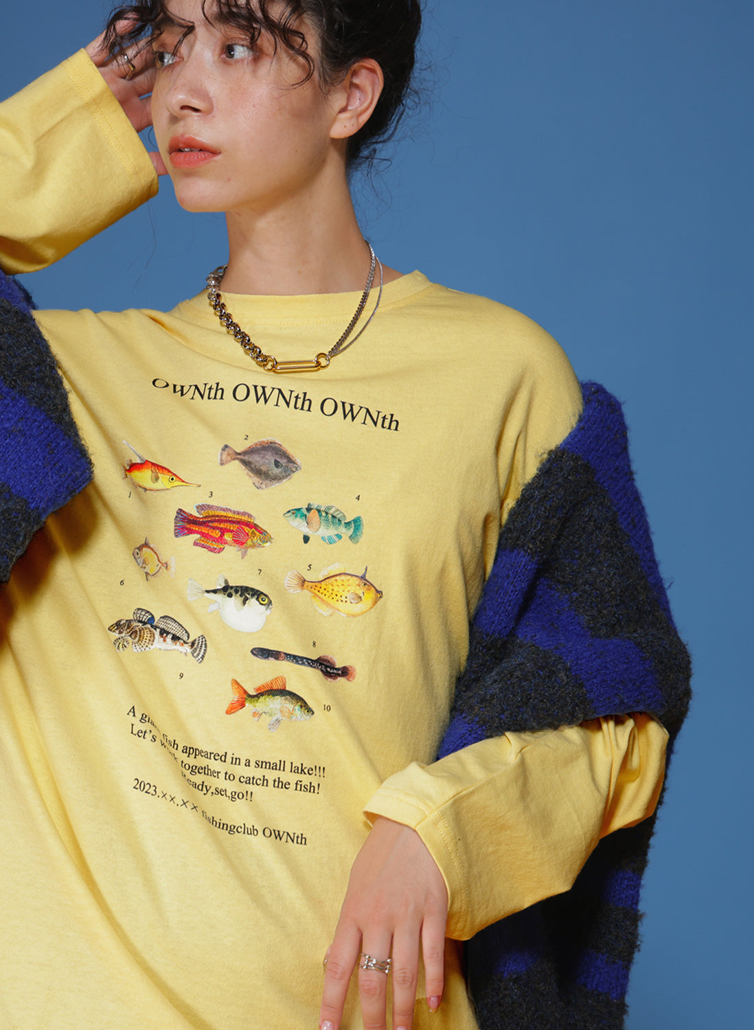 OWNth(オンス) ”fishing club OWNth"クルーネックロングスリーブTシャツ きれいめ レディース　イエロー　黄色